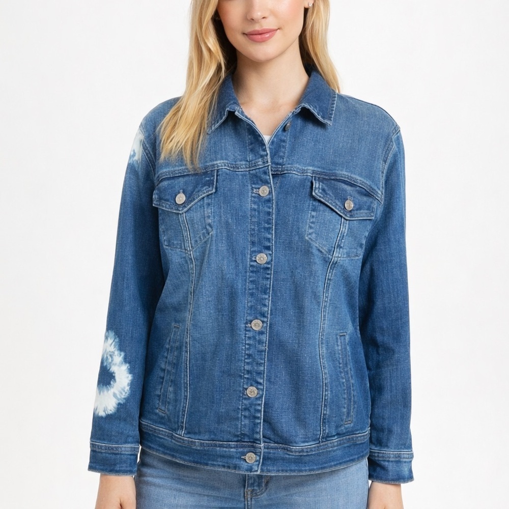 Chicos Jean Jacket Tie Dye Accents Pockets Stretch Medium Wash Boho size 3 = XL